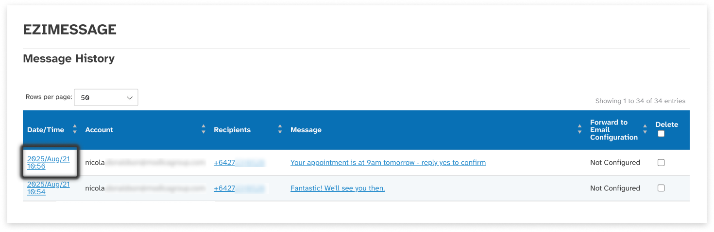 colourful screenshot showing message history in EziMessage