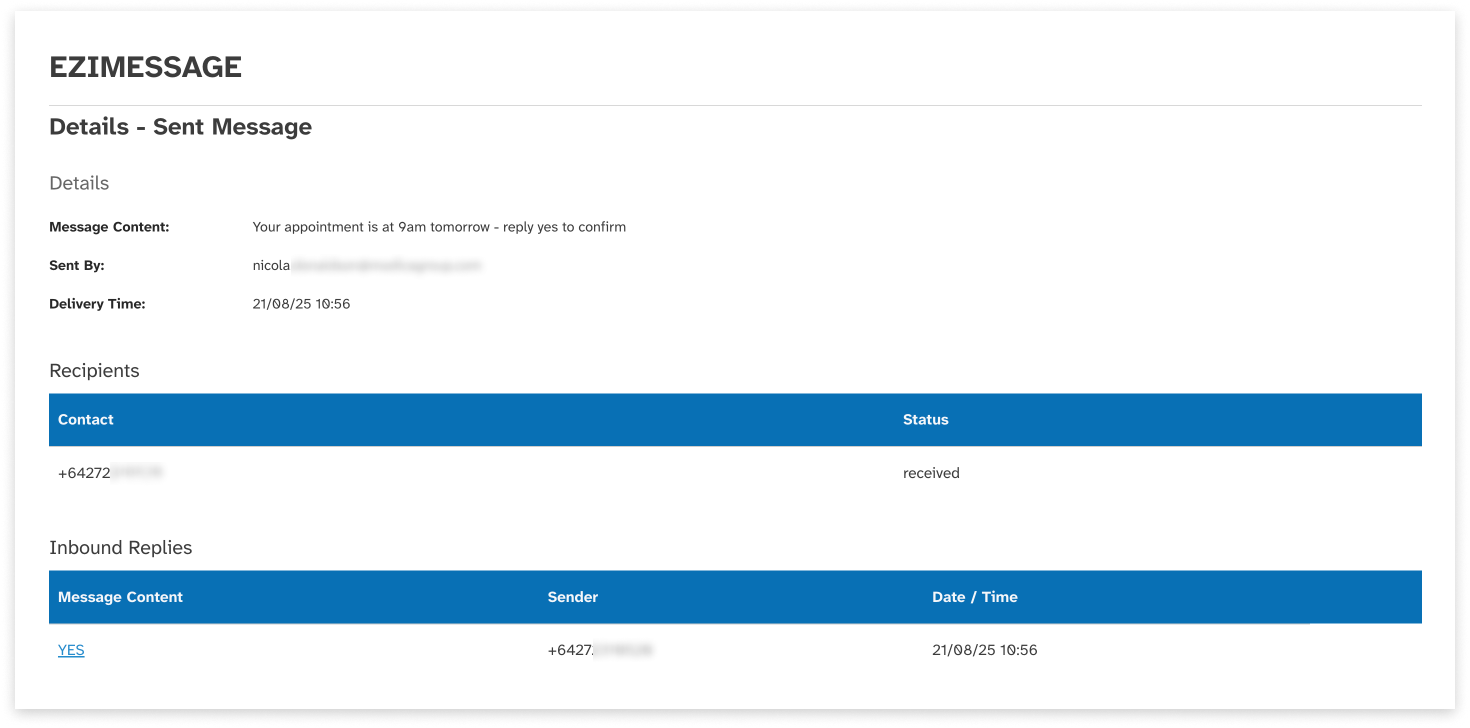 colourful screenshot showing message history details of a sent message in EziMessage